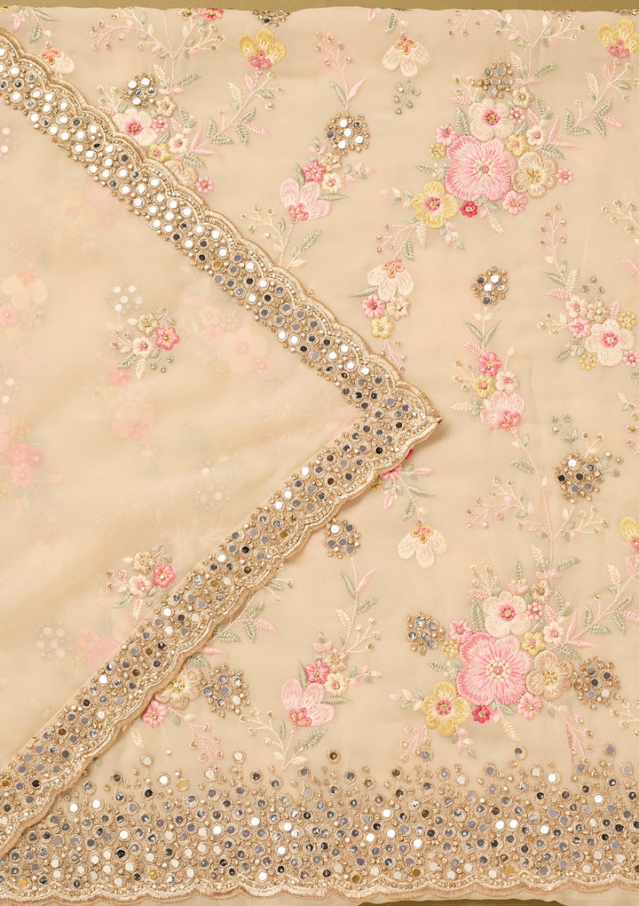 Off White Georgette Mirrorwork Unstitched Dress Material With Matching Bottom And Dupatta