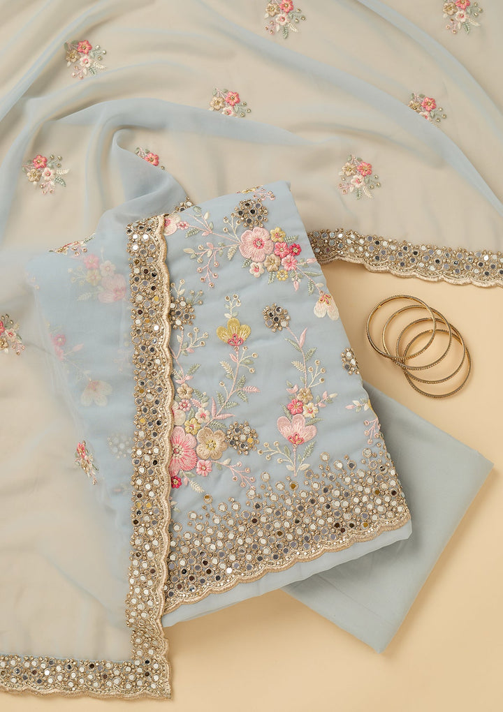 Sky Blue Georgette Mirrorwork Unstitched Dress Material With Matching Bottom And Dupatta