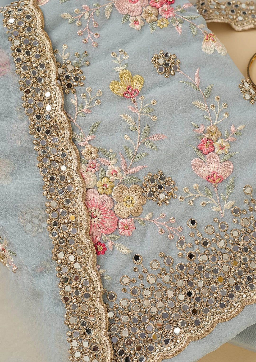 Sky Blue Georgette Mirrorwork Unstitched Dress Material With Matching Bottom And Dupatta