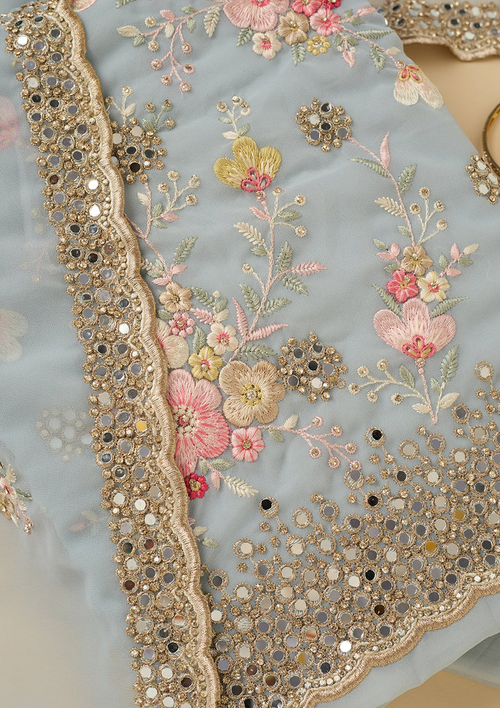 Sky Blue Georgette Mirrorwork Unstitched Dress Material With Matching Bottom And Dupatta
