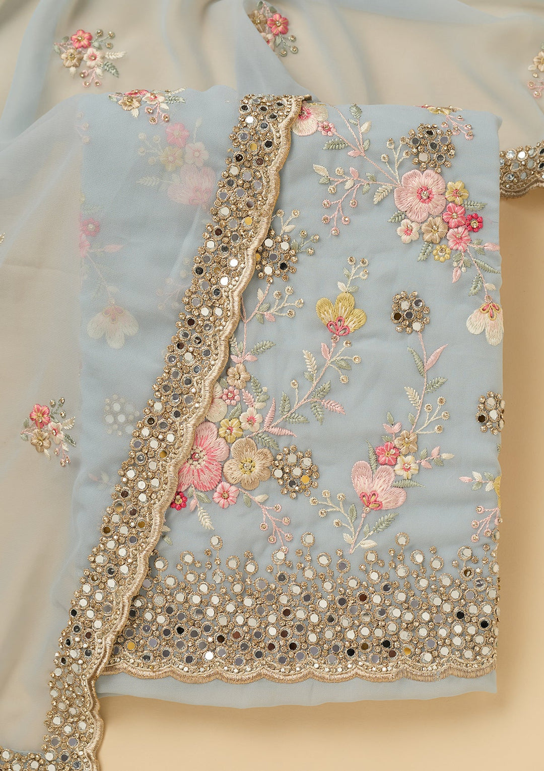 Sky Blue Georgette Mirrorwork Unstitched Dress Material With Matching Bottom And Dupatta