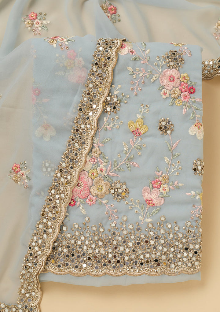 Sky Blue Georgette Mirrorwork Unstitched Dress Material With Matching Bottom And Dupatta