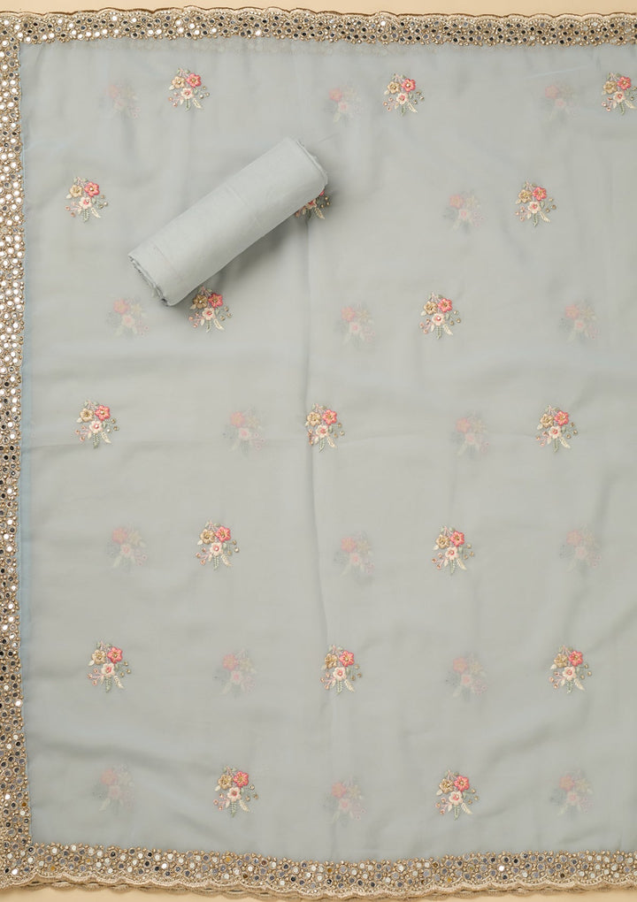 Sky Blue Georgette Mirrorwork Unstitched Dress Material With Matching Bottom And Dupatta