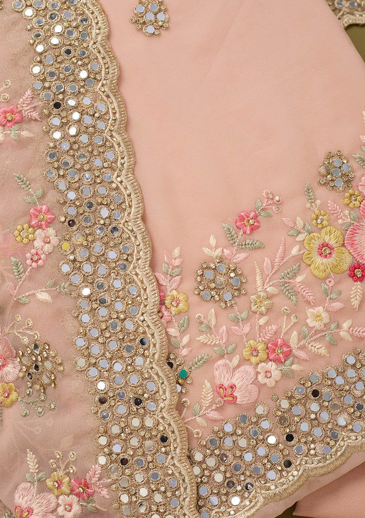 Baby Pink Georgette Mirrorwork Unstitched Dress Material With Matching Bottom And Dupatta
