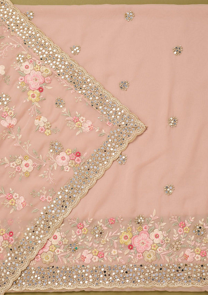 Baby Pink Georgette Mirrorwork Unstitched Dress Material With Matching Bottom And Dupatta