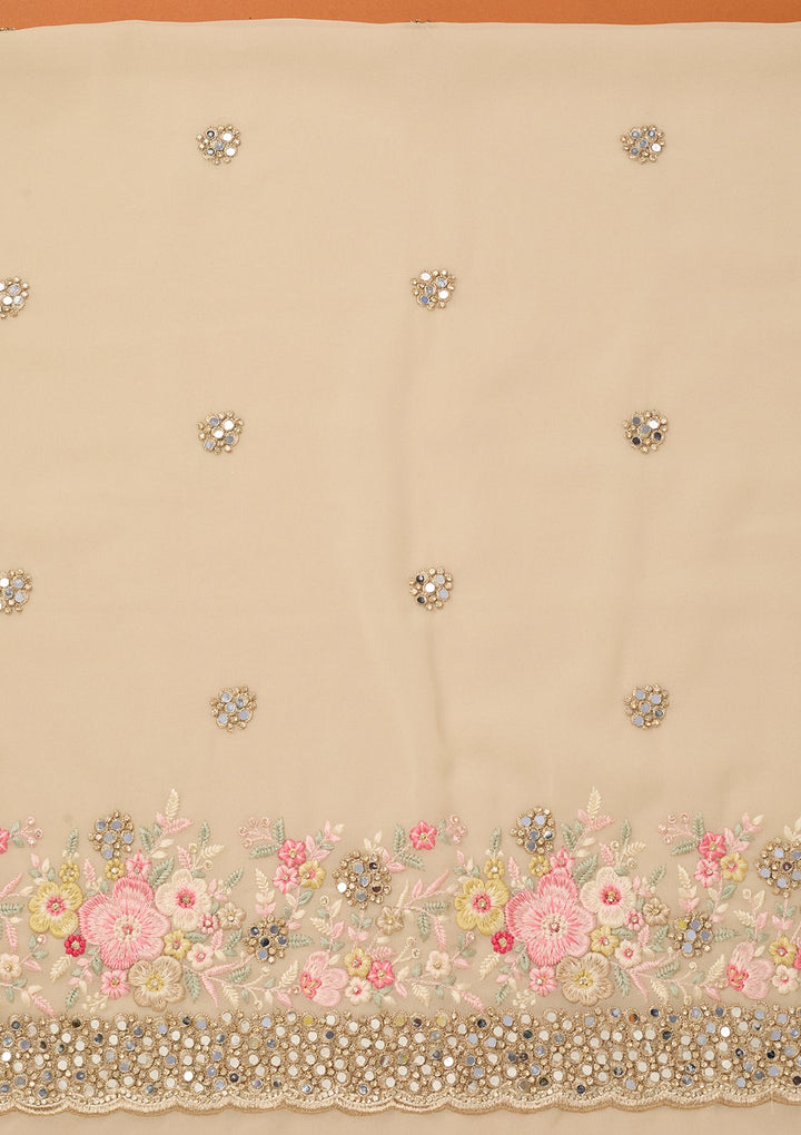 Off White Georgette Mirrorwork Unstitched Dress Material With Matching Bottom And Dupatta
