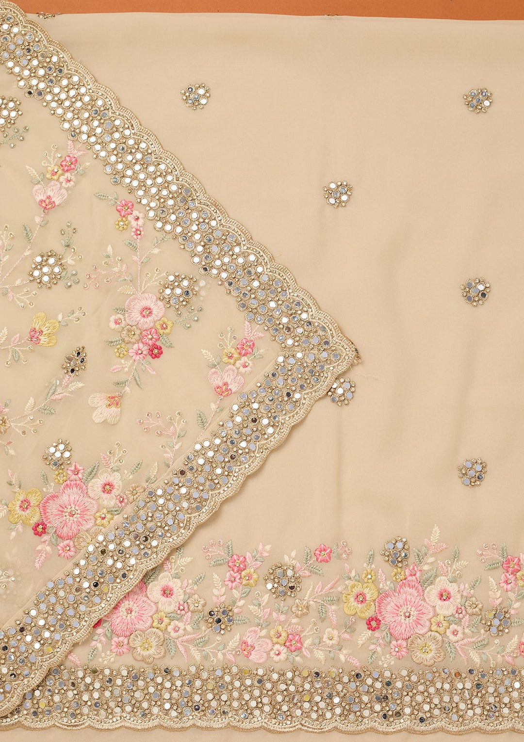 Off White Georgette Mirrorwork Unstitched Dress Material With Matching Bottom And Dupatta
