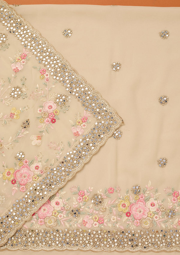 Off White Georgette Mirrorwork Unstitched Dress Material With Matching Bottom And Dupatta