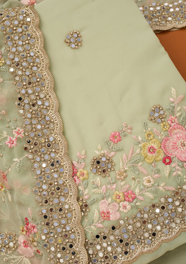 Pista Green Georgette Mirrorwork Unstitched Dress Material With Matching Bottom And Dupatta