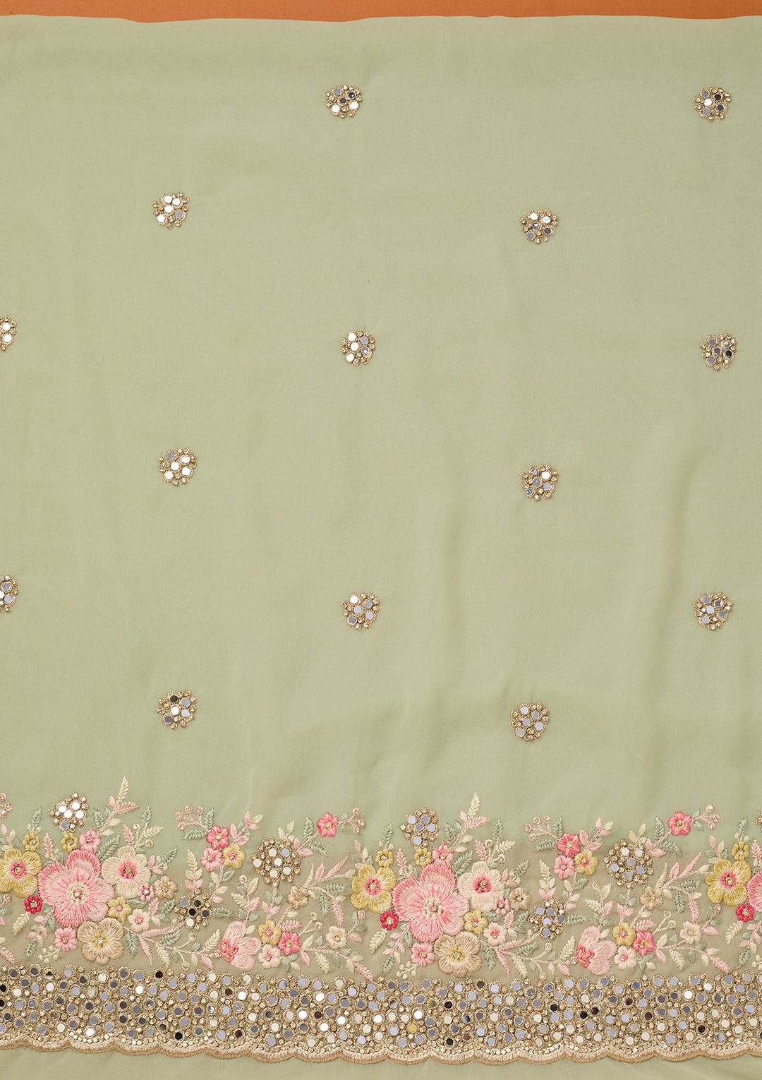 Pista Green Georgette Mirrorwork Unstitched Dress Material With Matching Bottom And Dupatta