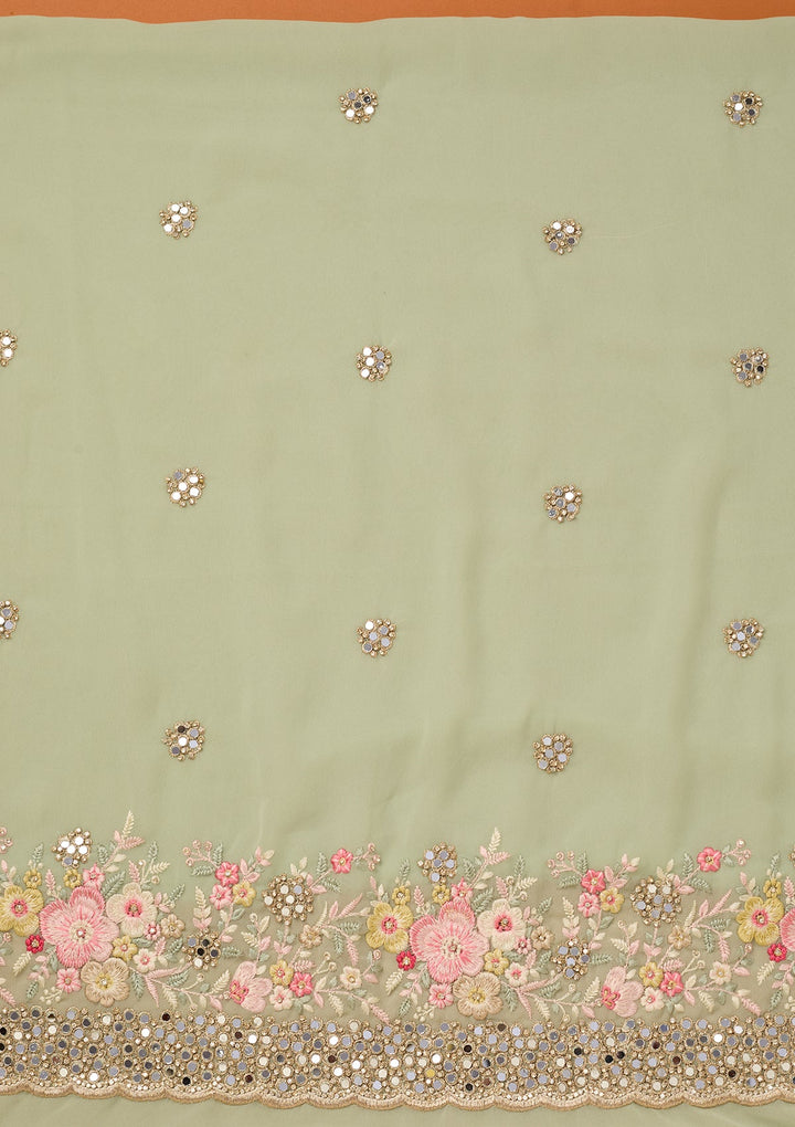 Pista Green Georgette Mirrorwork Unstitched Dress Material With Matching Bottom And Dupatta