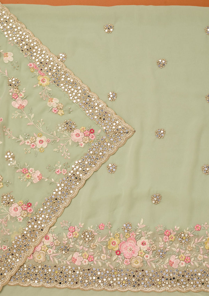 Pista Green Georgette Mirrorwork Unstitched Dress Material With Matching Bottom And Dupatta
