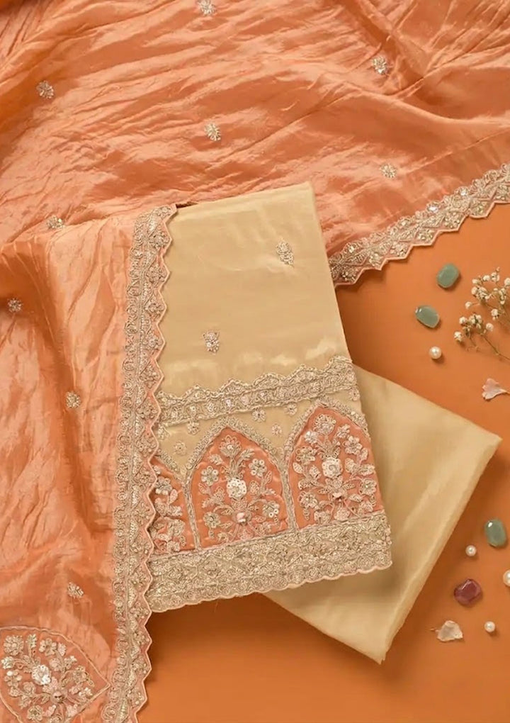 Beige Cutdana Tissue Unstitched Salwar Suit