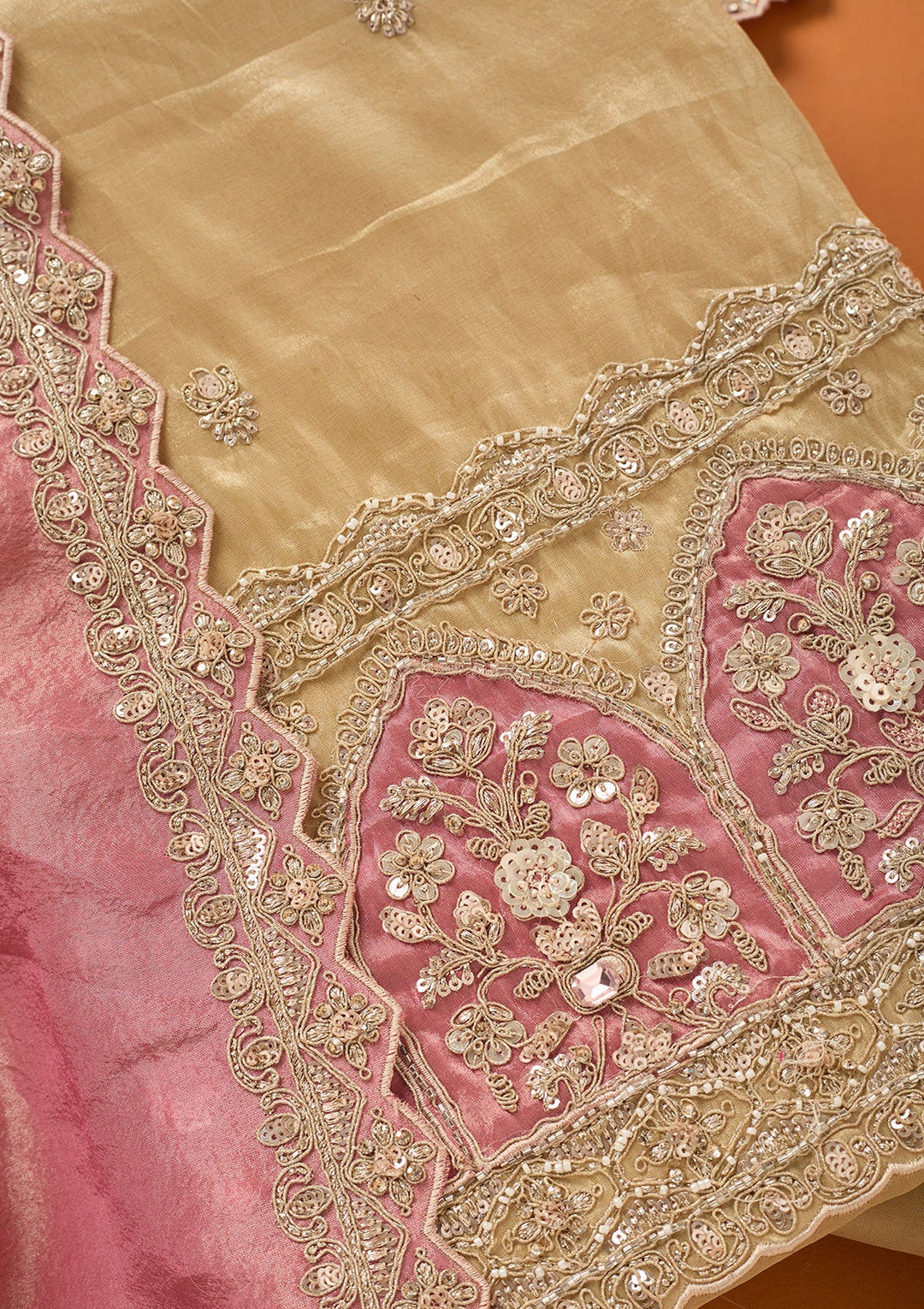 Beige Cutdana Tissue Unstitched Salwar Suit