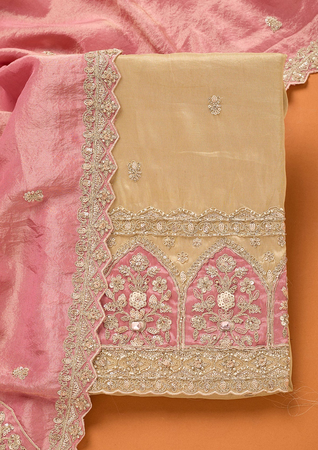 Beige Cutdana Tissue Unstitched Salwar Suit