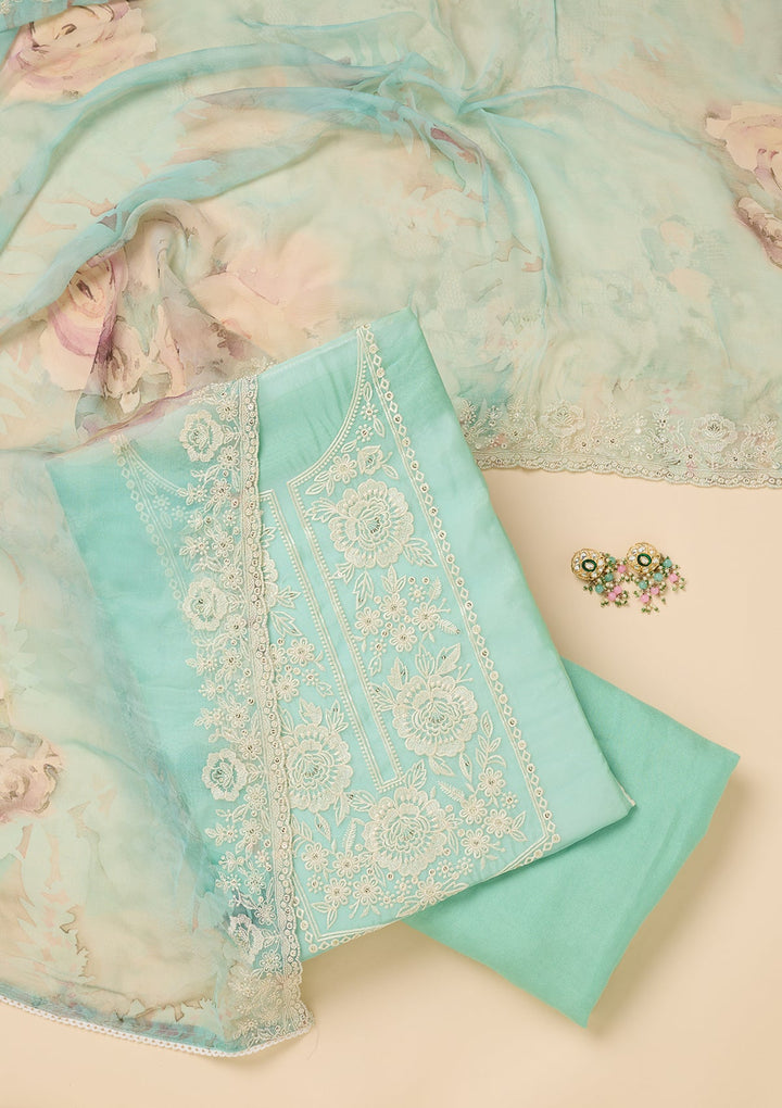 Sea Green Tissue Threadwork Unstitched Dress Material With Matching Bottom And Dupatta