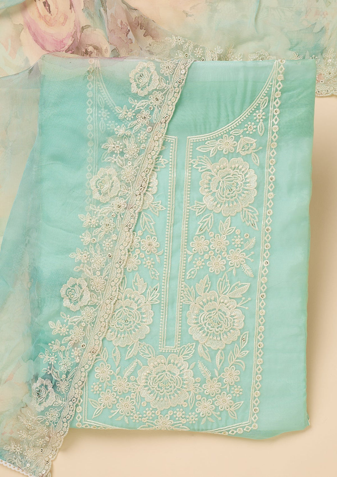 Sea Green Tissue Threadwork Unstitched Dress Material With Matching Bottom And Dupatta