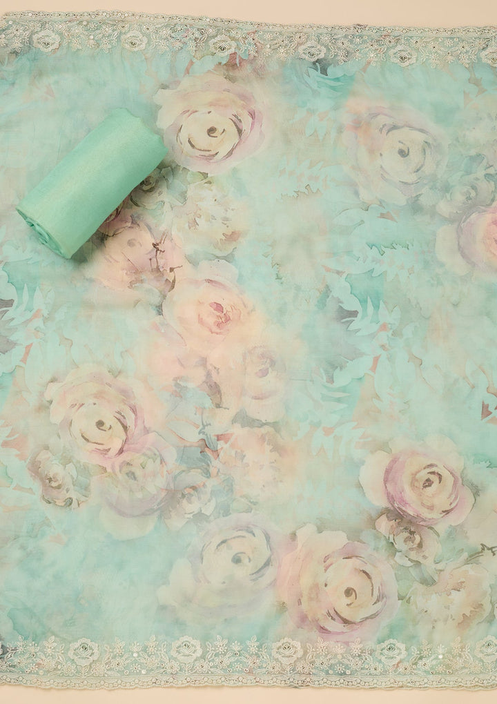Sea Green Tissue Threadwork Unstitched Dress Material With Matching Bottom And Dupatta