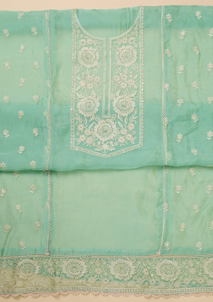 Sea Green Tissue Threadwork Unstitched Dress Material With Matching Bottom And Dupatta