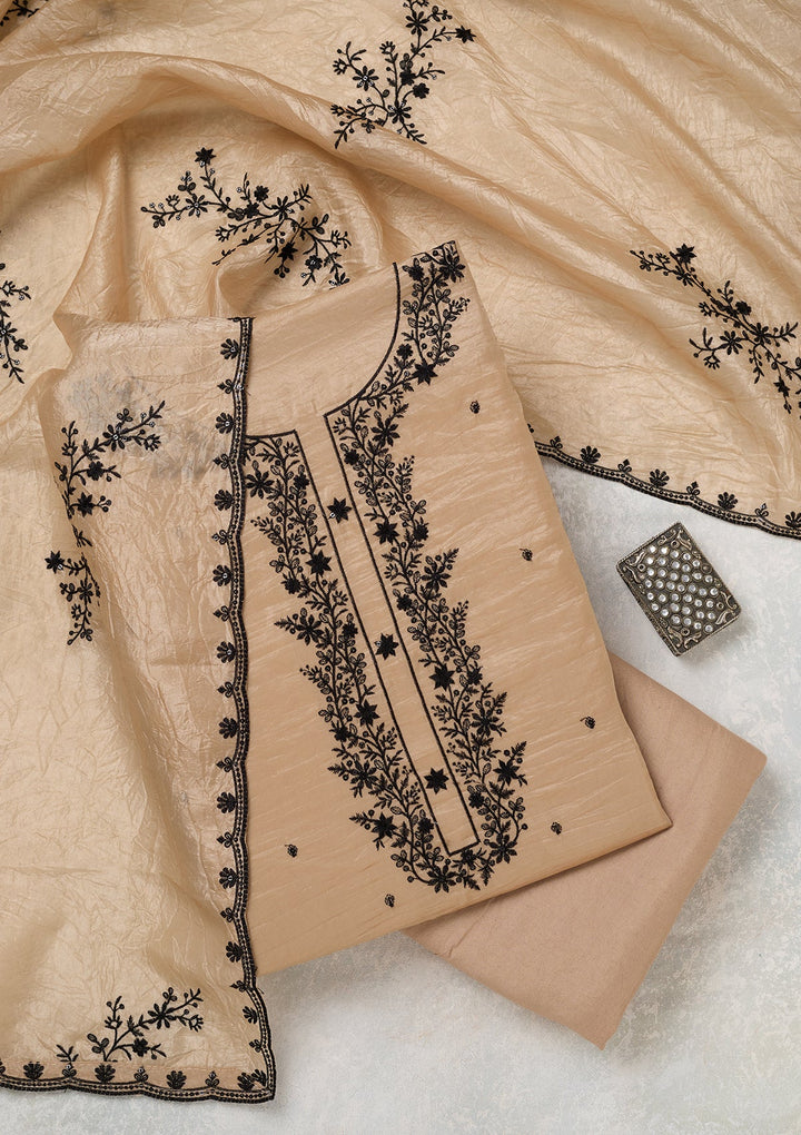 Beige Tissue Threadwork Unstitched Dress Material With Matching Bottom And Dupatta