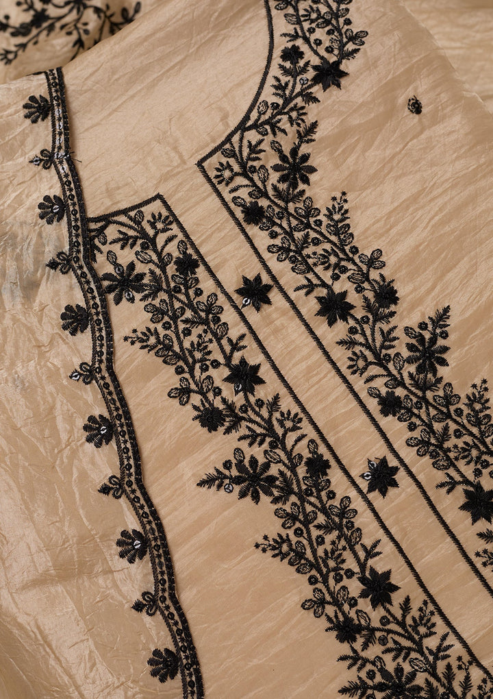Beige Tissue Threadwork Unstitched Dress Material With Matching Bottom And Dupatta