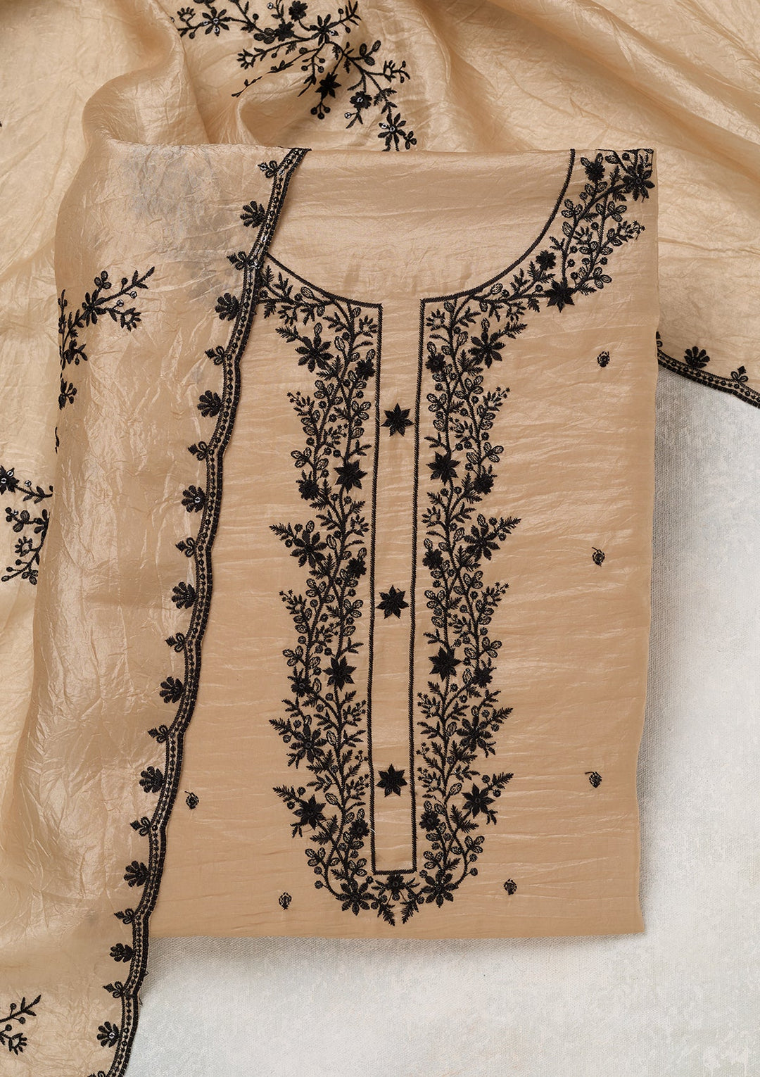 Beige Tissue Threadwork Unstitched Dress Material With Matching Bottom And Dupatta