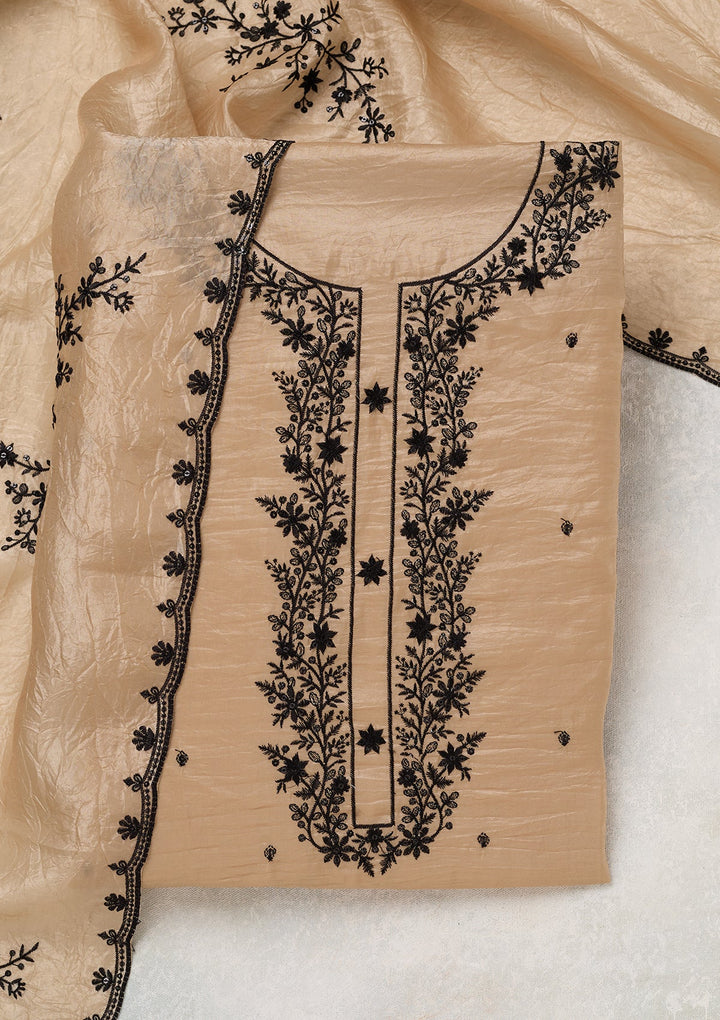 Beige Tissue Threadwork Unstitched Dress Material With Matching Bottom And Dupatta