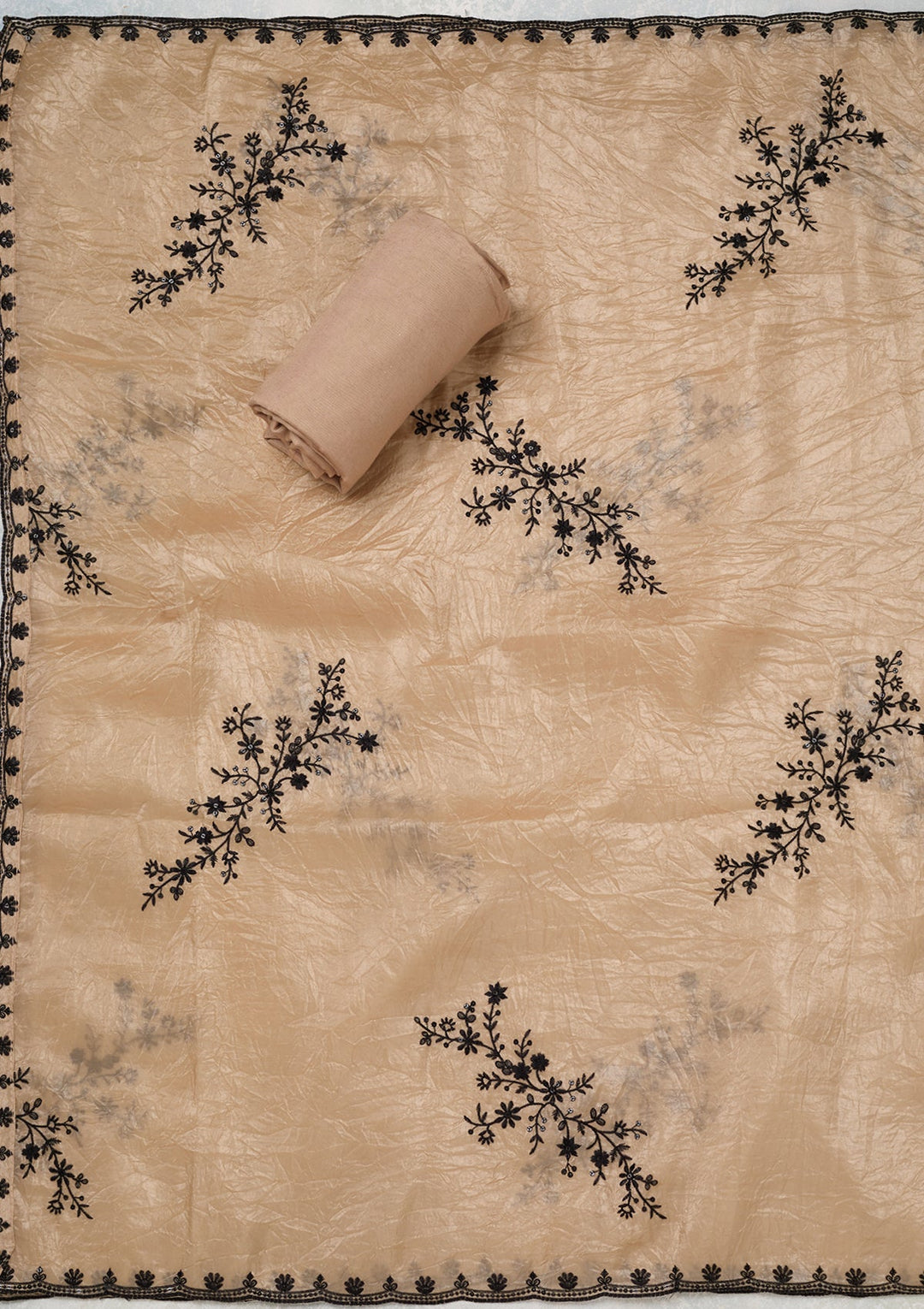 Beige Tissue Threadwork Unstitched Dress Material With Matching Bottom And Dupatta