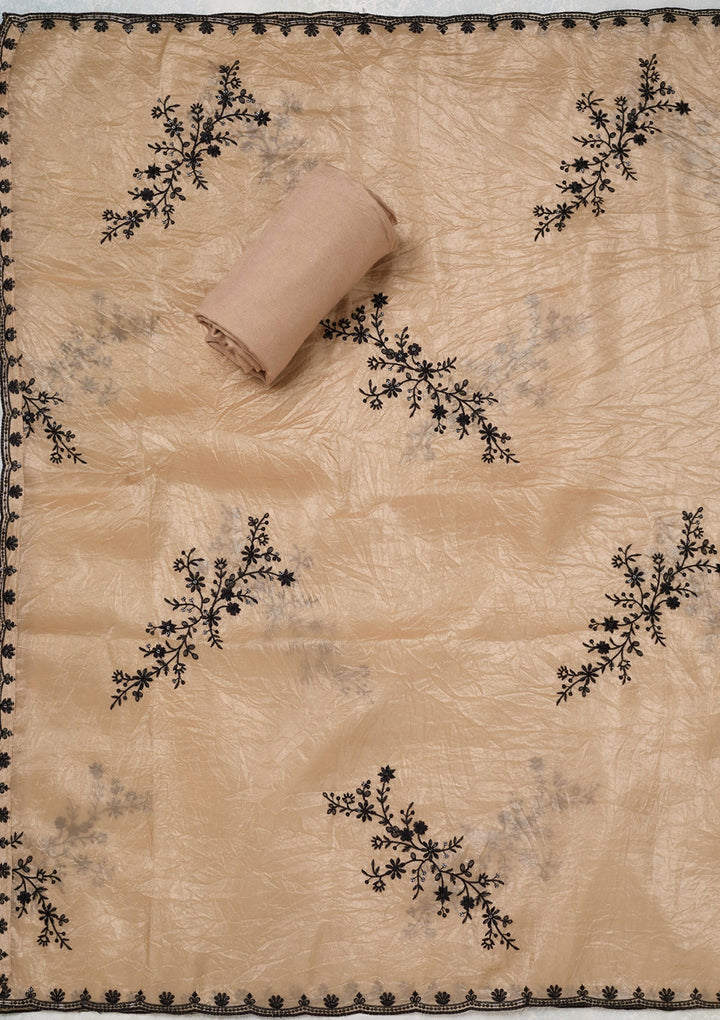 Beige Tissue Threadwork Unstitched Dress Material With Matching Bottom And Dupatta