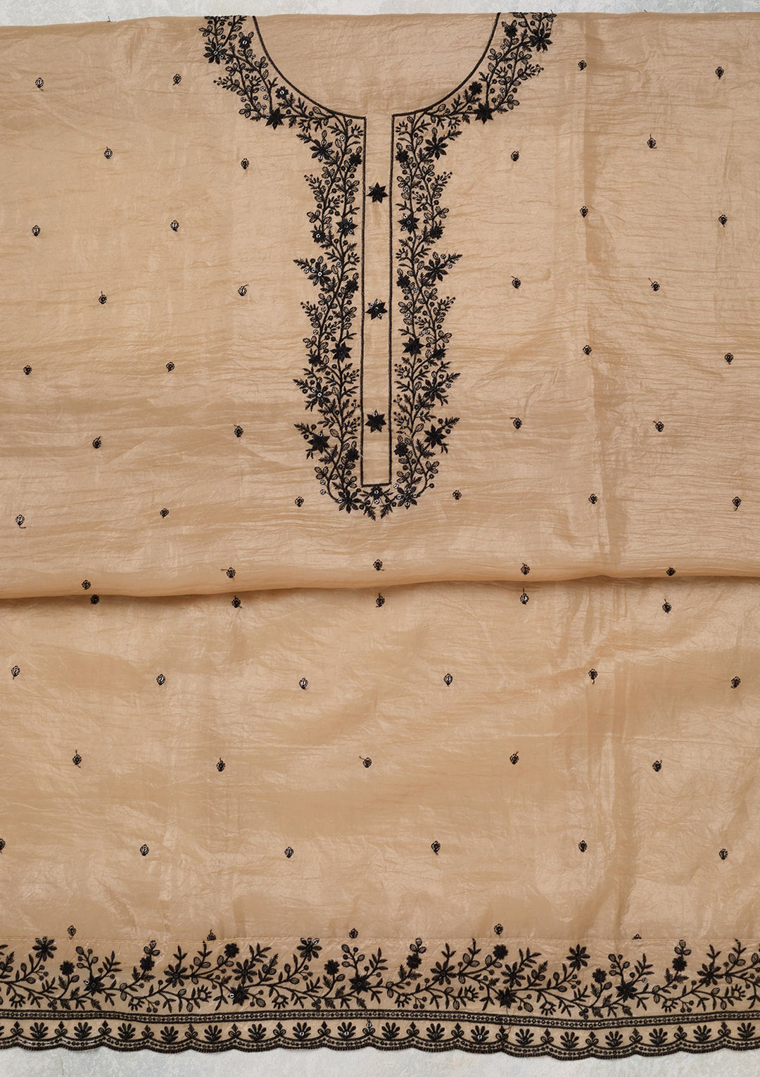 Beige Tissue Threadwork Unstitched Dress Material With Matching Bottom And Dupatta