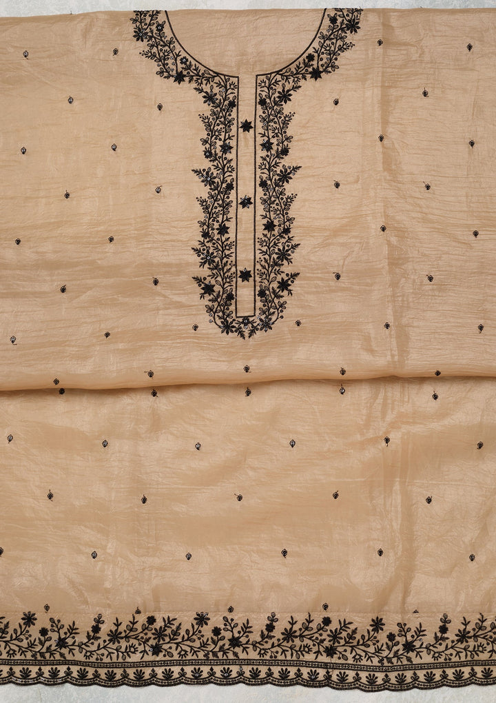 Beige Tissue Threadwork Unstitched Dress Material With Matching Bottom And Dupatta