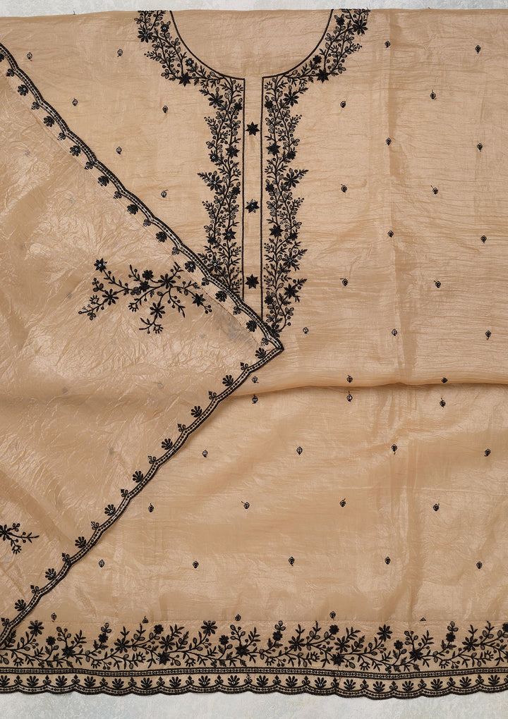 Beige Tissue Threadwork Unstitched Dress Material With Matching Bottom And Dupatta