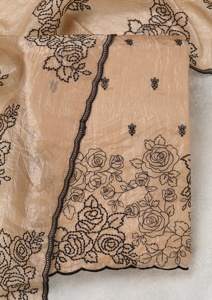 Beige Tissue Threadwork Unstitched Dress Material With Matching Bottom And Dupatta