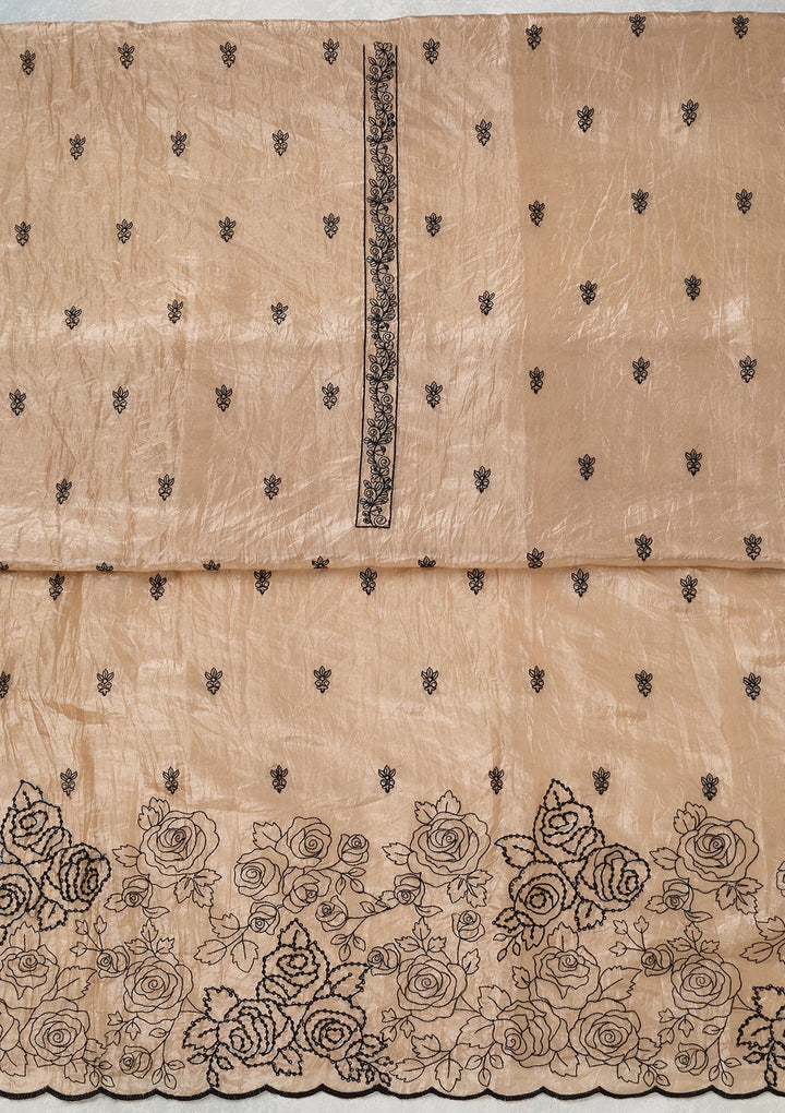 Beige Tissue Threadwork Unstitched Dress Material With Matching Bottom And Dupatta