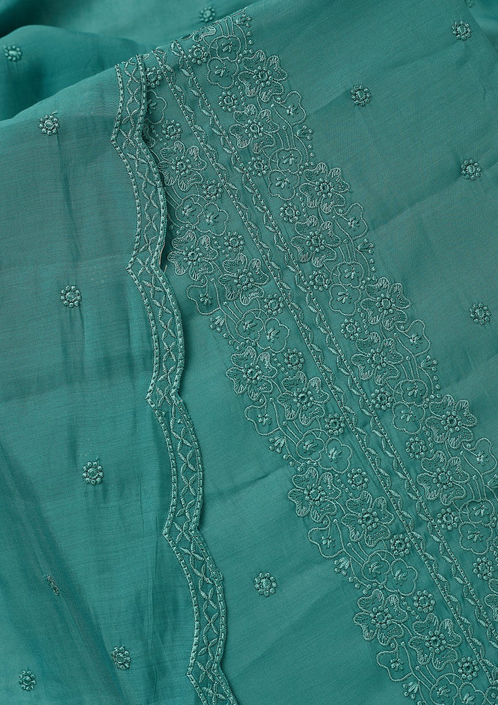 Blue Semi Crepe Threadwork Unstitched Dress Material With Matching Bottom And Dupatta