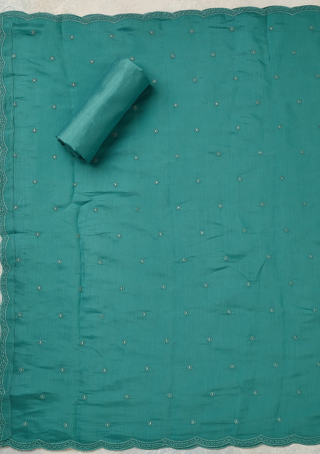 Blue Semi Crepe Threadwork Unstitched Dress Material With Matching Bottom And Dupatta
