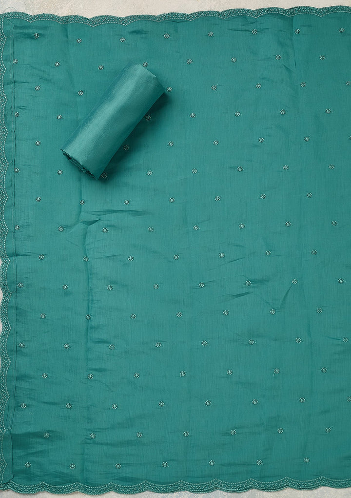 Blue Semi Crepe Threadwork Unstitched Dress Material With Matching Bottom And Dupatta