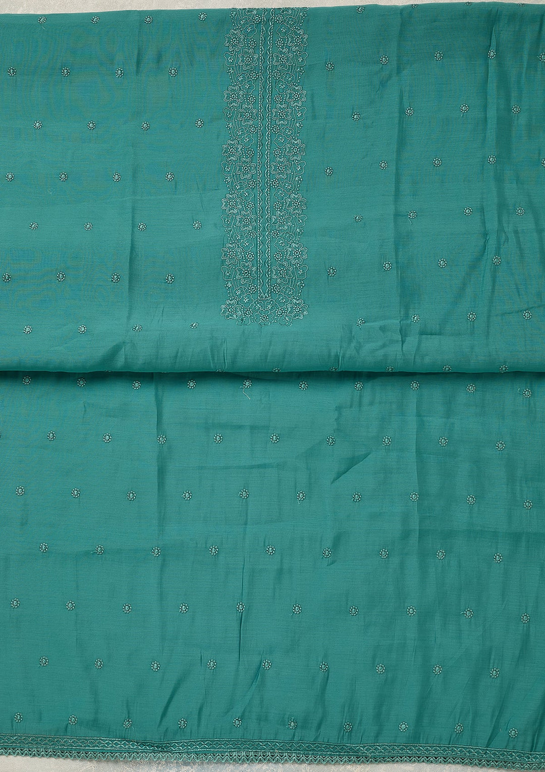 Blue Semi Crepe Threadwork Unstitched Dress Material With Matching Bottom And Dupatta