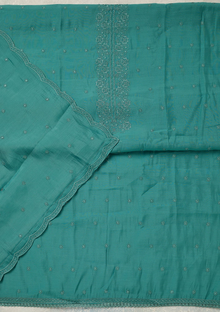 Blue Semi Crepe Threadwork Unstitched Dress Material With Matching Bottom And Dupatta