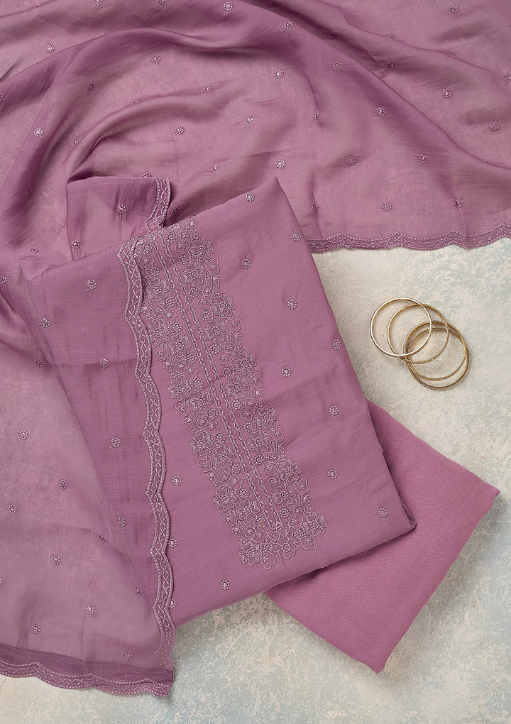 Lavender Semi Crepe Threadwork Unstitched Dress Material With Matching Bottom And Dupatta