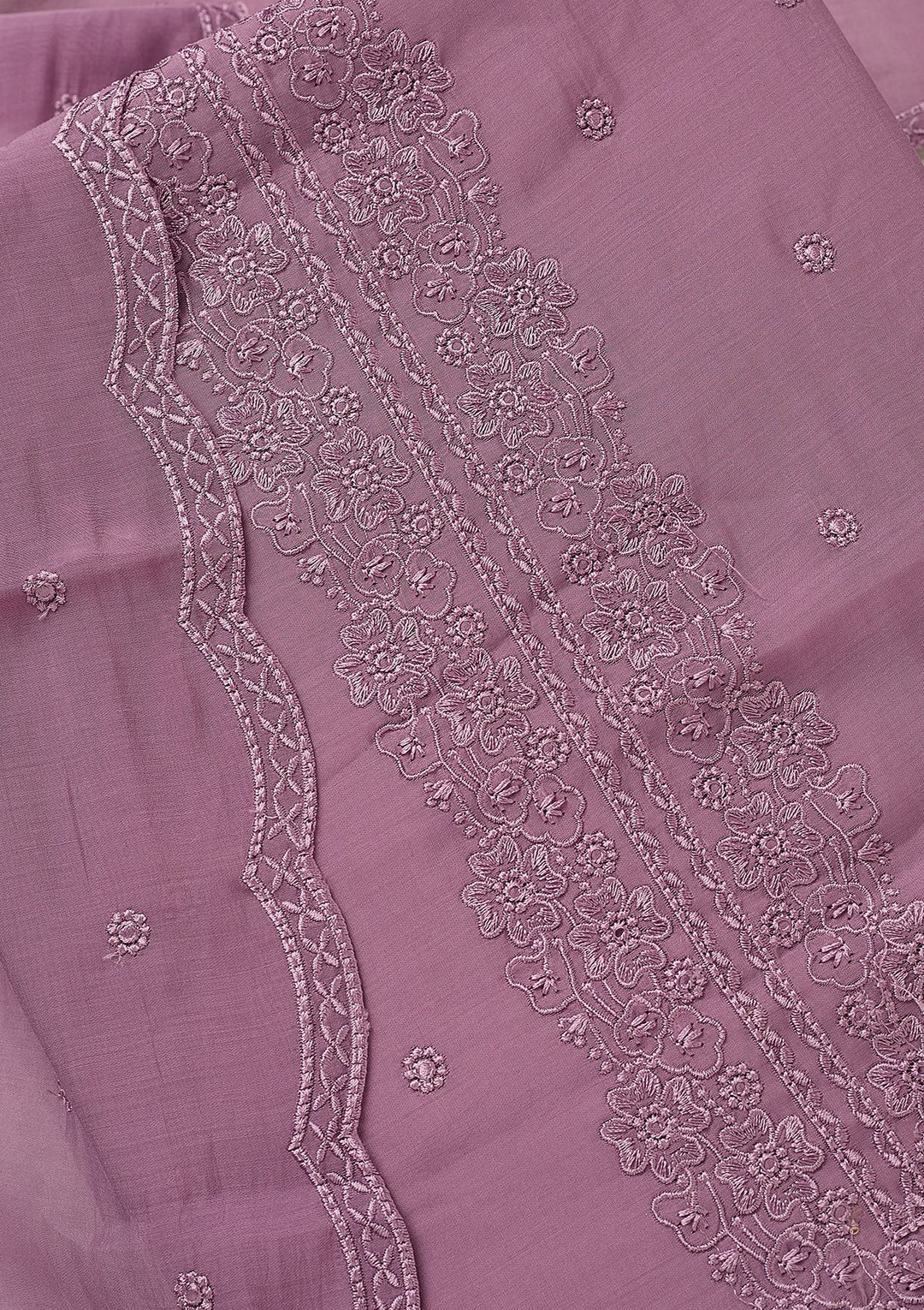 Lavender Semi Crepe Threadwork Unstitched Dress Material With Matching Bottom And Dupatta