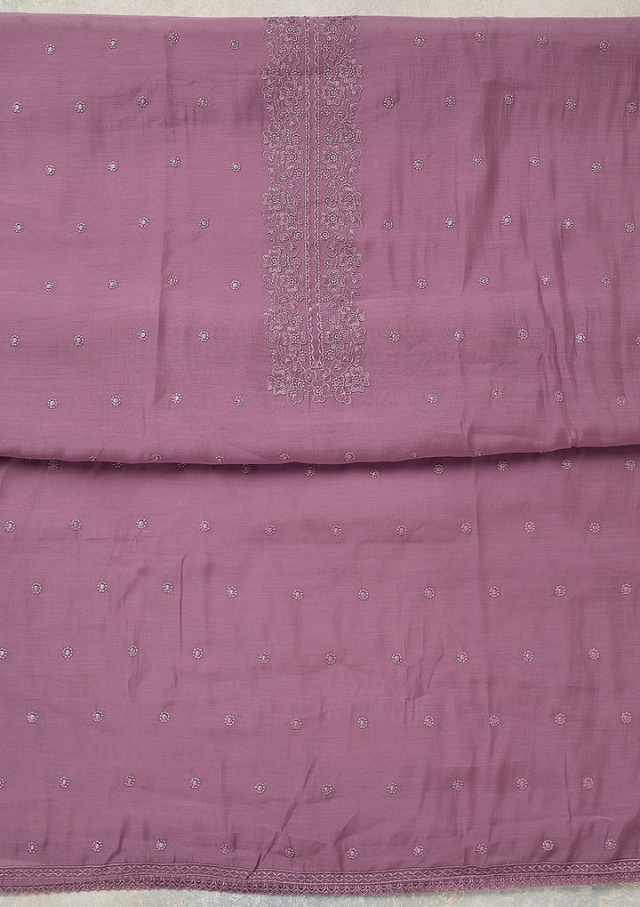 Lavender Semi Crepe Threadwork Unstitched Dress Material With Matching Bottom And Dupatta
