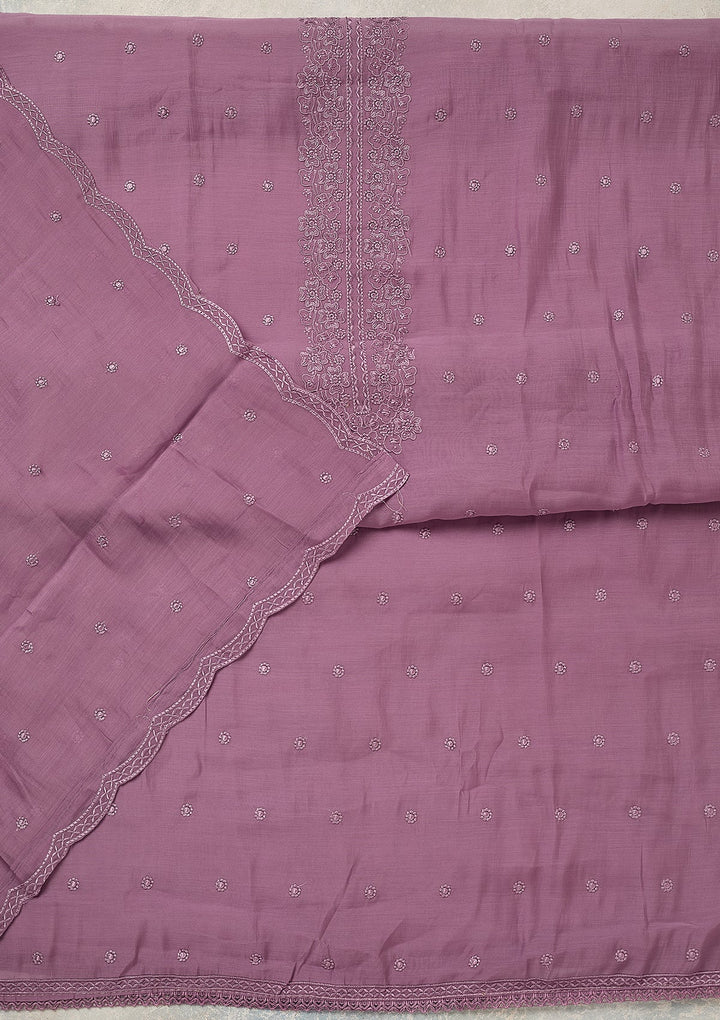 Lavender Semi Crepe Threadwork Unstitched Dress Material With Matching Bottom And Dupatta