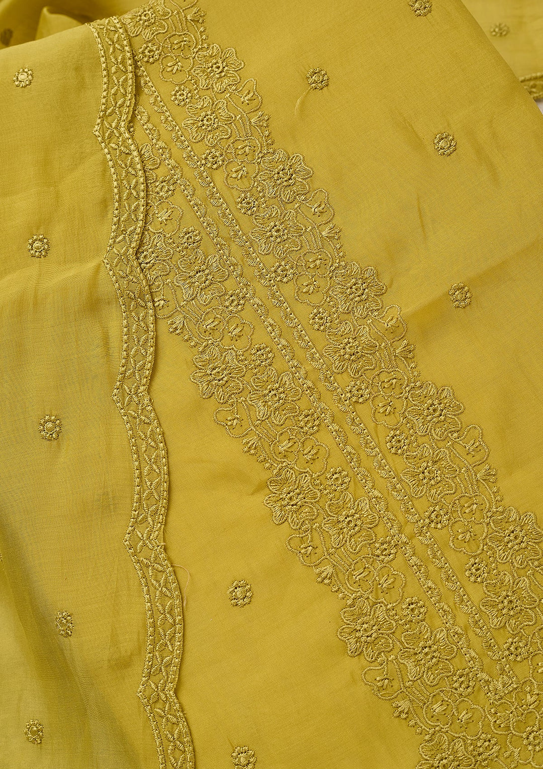 Lime Green Semi Crepe Threadwork Unstitched Dress Material With Matching Bottom And Dupatta