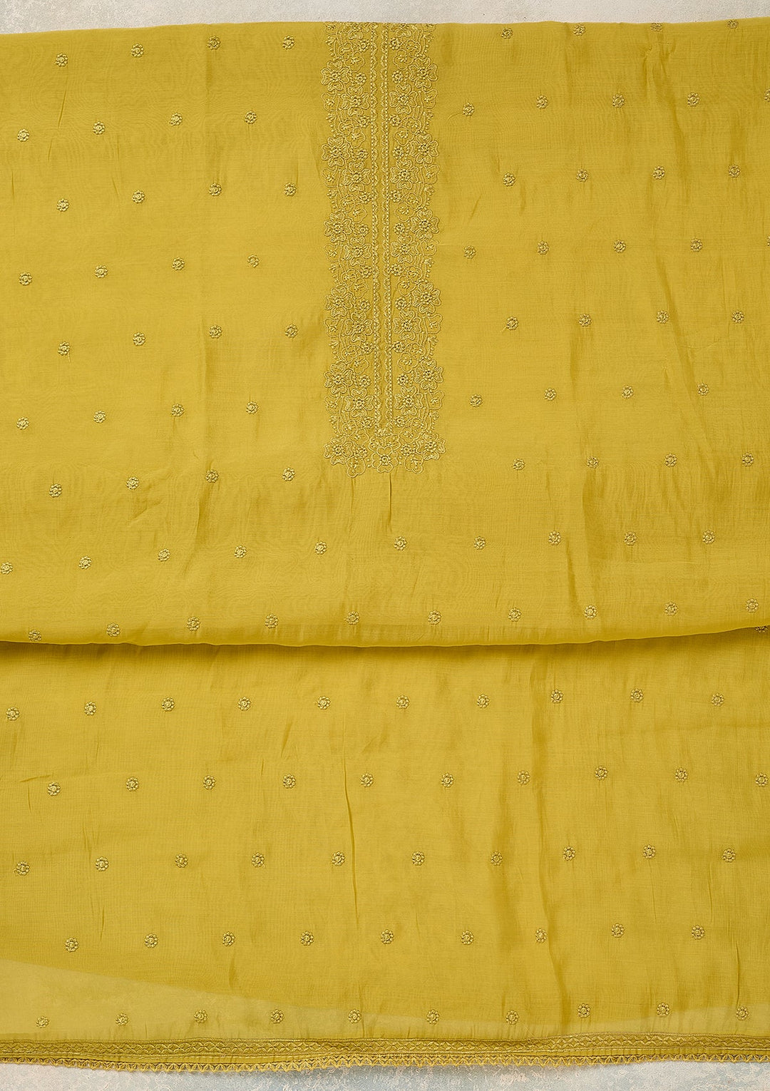 Lime Green Semi Crepe Threadwork Unstitched Dress Material With Matching Bottom And Dupatta