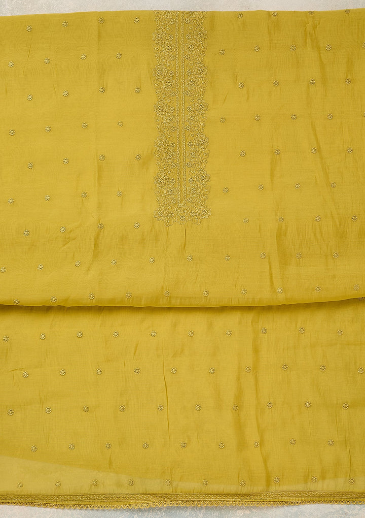 Lime Green Semi Crepe Threadwork Unstitched Dress Material With Matching Bottom And Dupatta