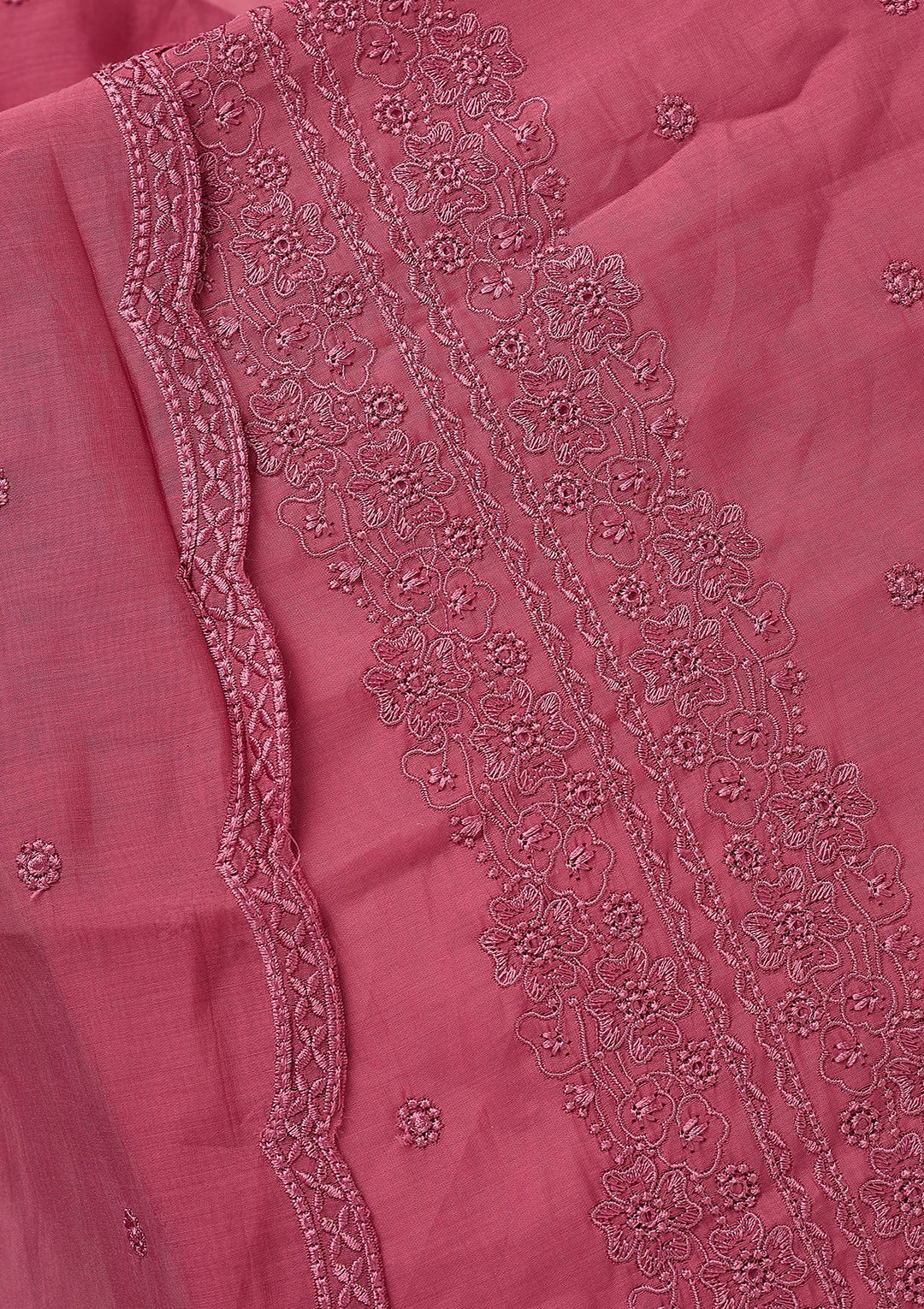 Pink Semi Crepe Threadwork Unstitched Dress Material With Matching Bottom And Dupatta