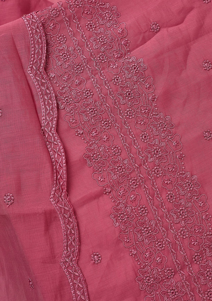 Pink Semi Crepe Threadwork Unstitched Dress Material With Matching Bottom And Dupatta
