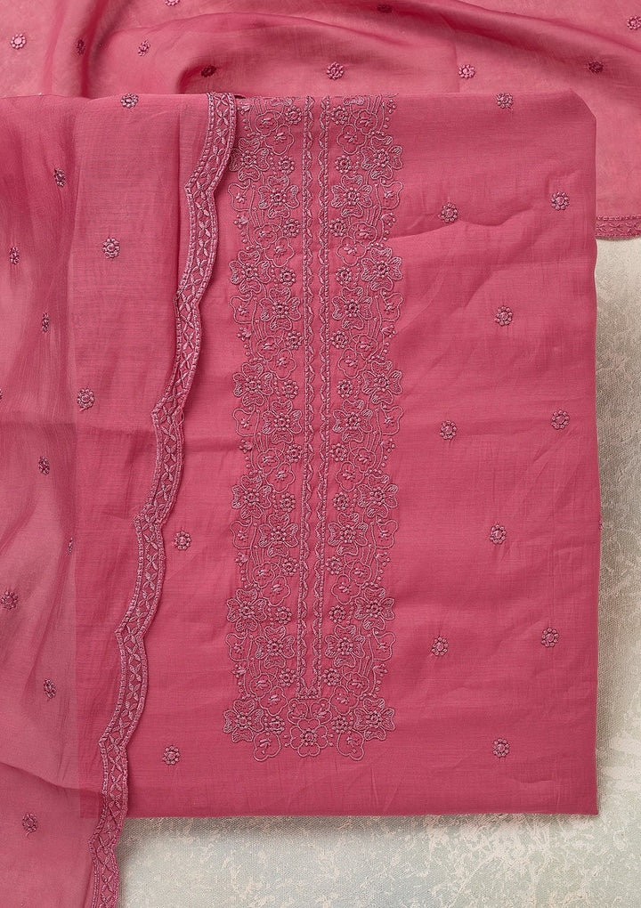 Pink Semi Crepe Threadwork Unstitched Dress Material With Matching Bottom And Dupatta