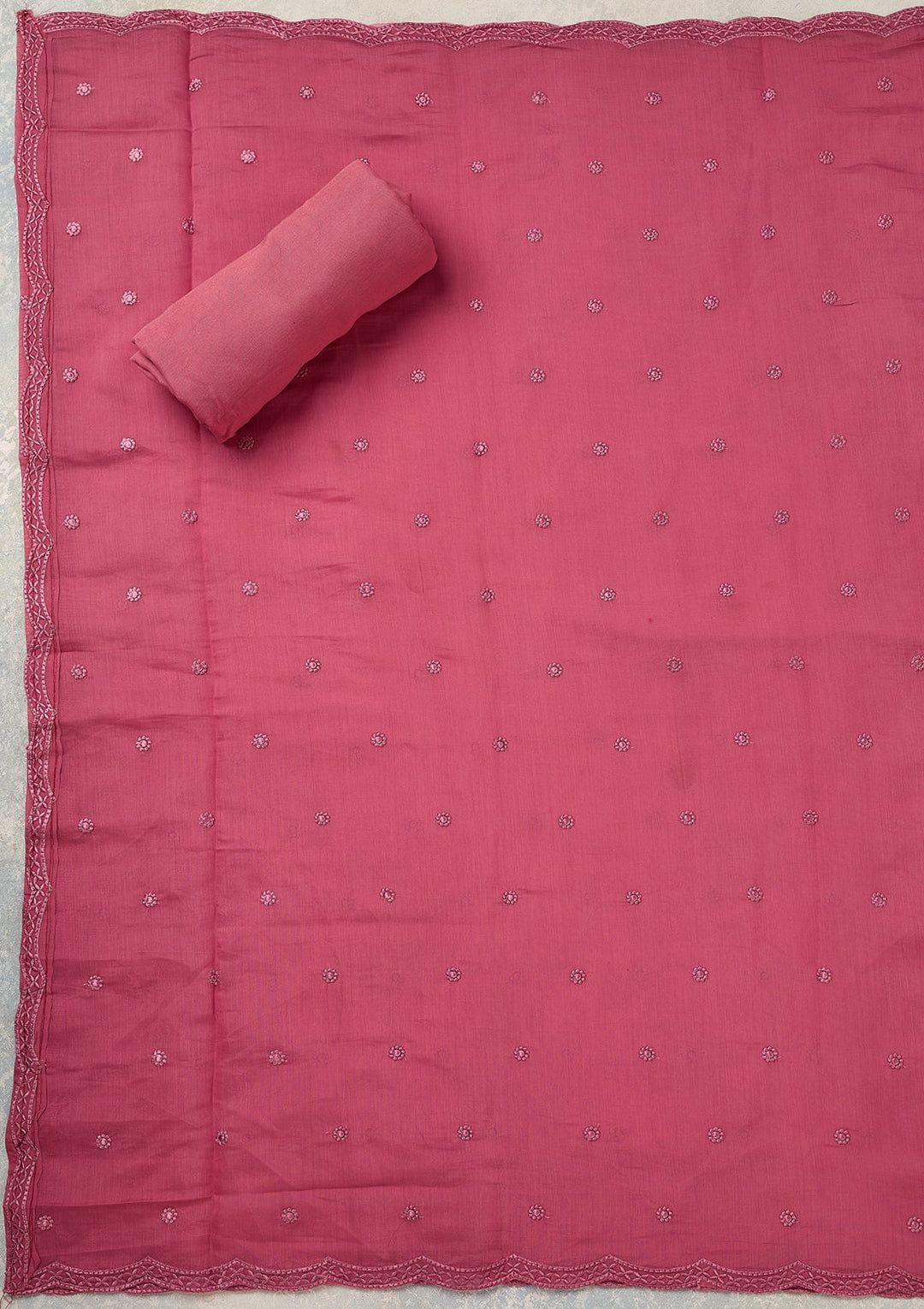 Pink Semi Crepe Threadwork Unstitched Dress Material With Matching Bottom And Dupatta